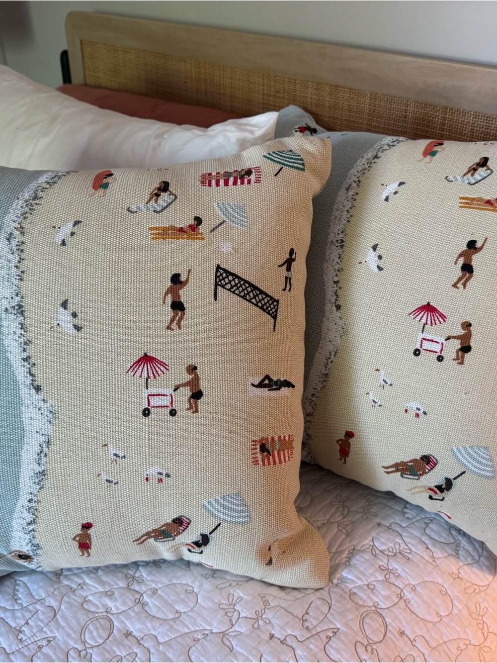 West Elm Beach Scene Accent Pillow Pair in Cream, Blue, Pink, Black